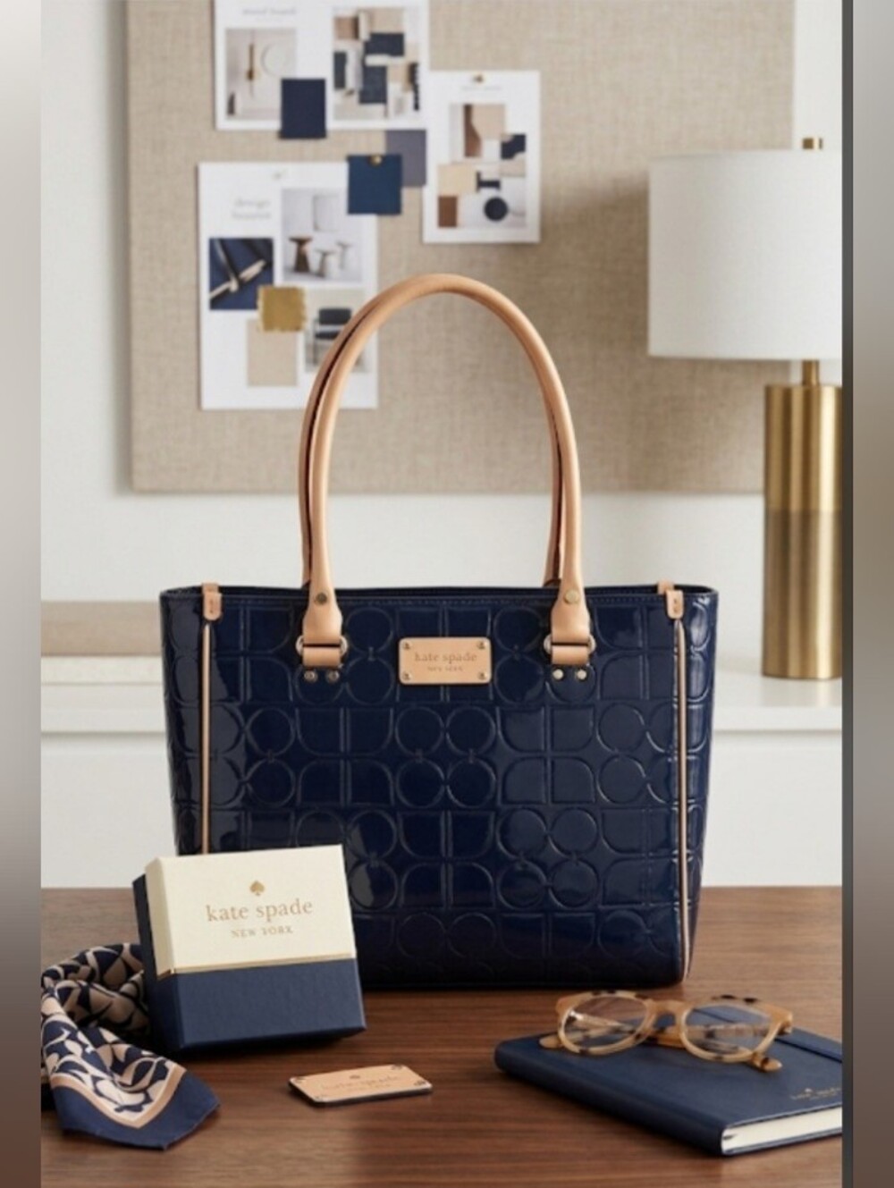 Kate Spade Navy Patent Leather Tote Bag With Tan Piping - Green Interior!